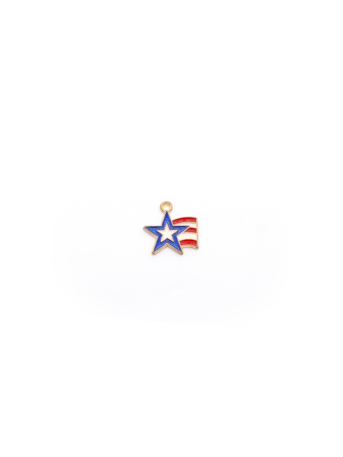 Blue star with red and white stripe tail charm on white background.