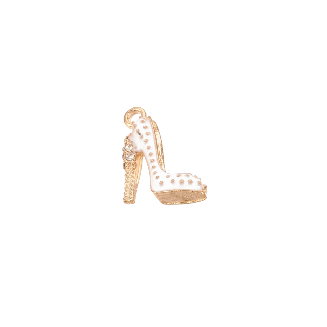 Gold high-heeled shoe charm on a white background