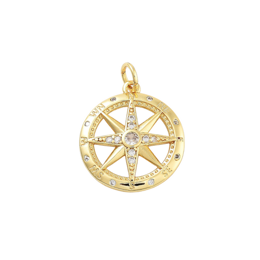 Front view of the Gold Cubic Zirconia Compass Charm