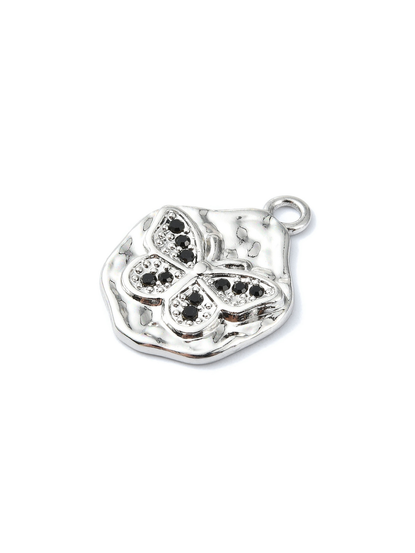 Silver Hammered Black Rhinestone Butterfly