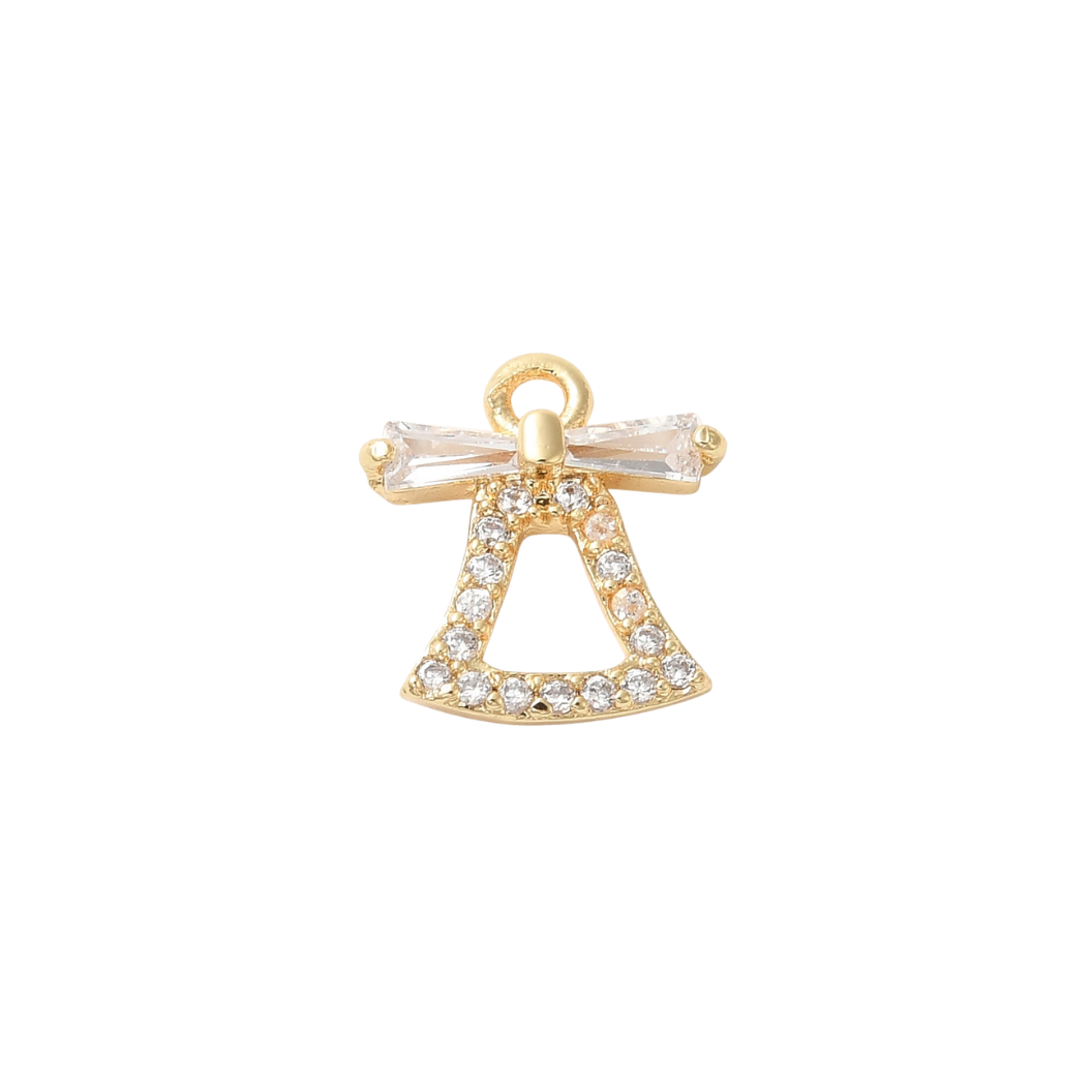 Gold bell-shaped pendant with clear stones on a white background
