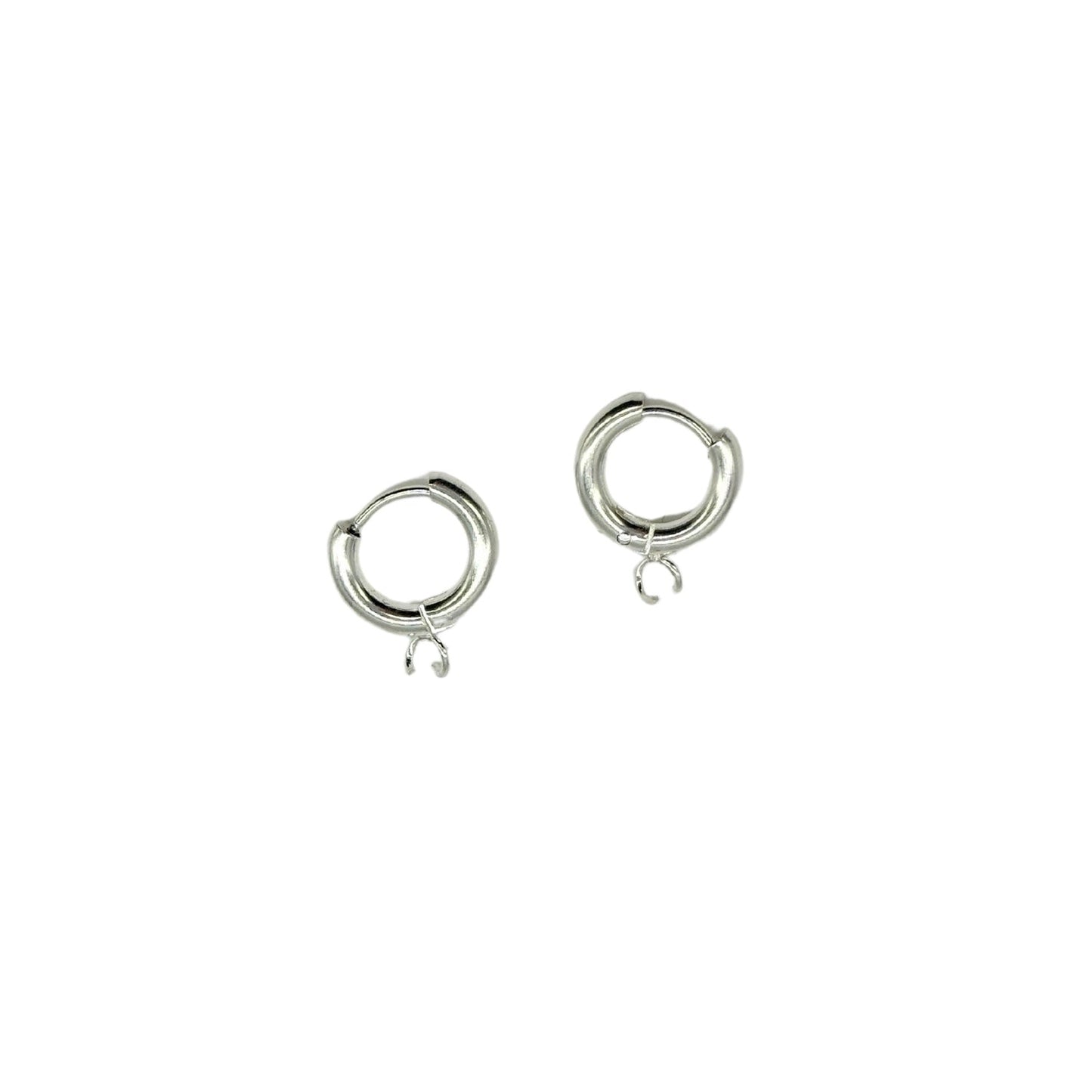 A pair of silver hoop earring findings with dangle attachments, designed for semi-permanent mounting of charms.