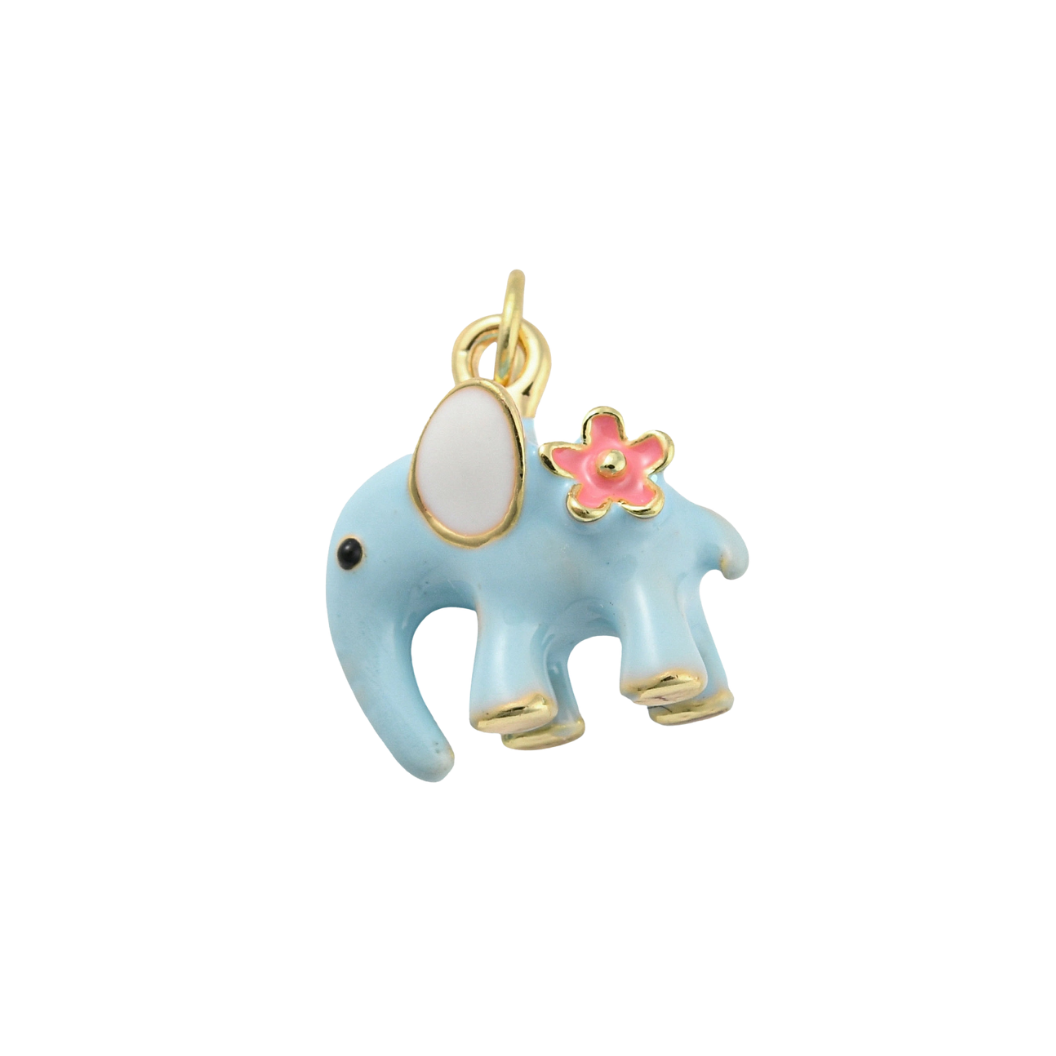Blue elephant charm with a pink flower on a white background