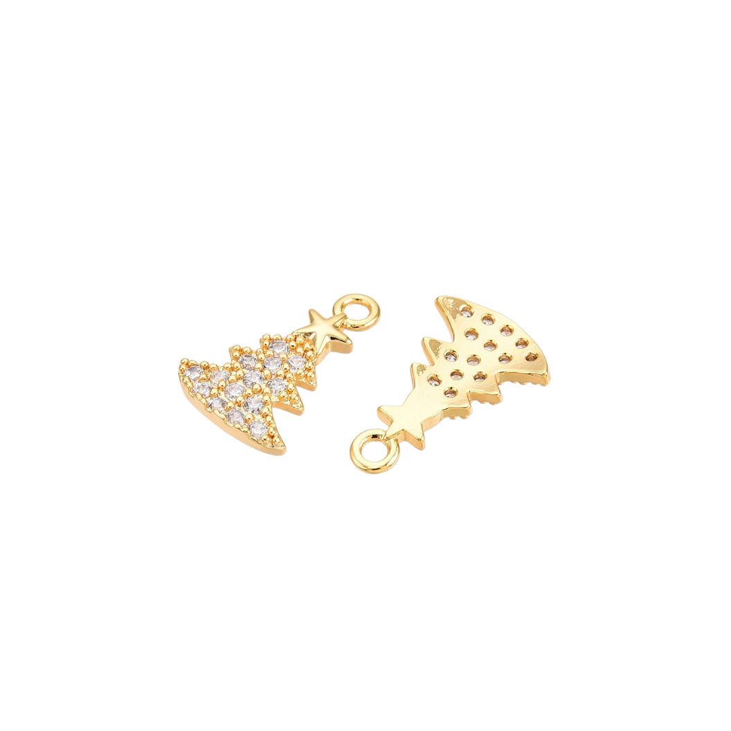 Gold Christmas tree-shaped pendants on a white background