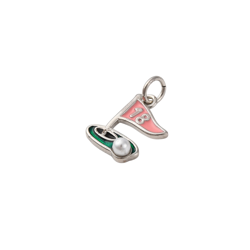 Golf-themed pendant with number 18, golf ball, and flag on a white background