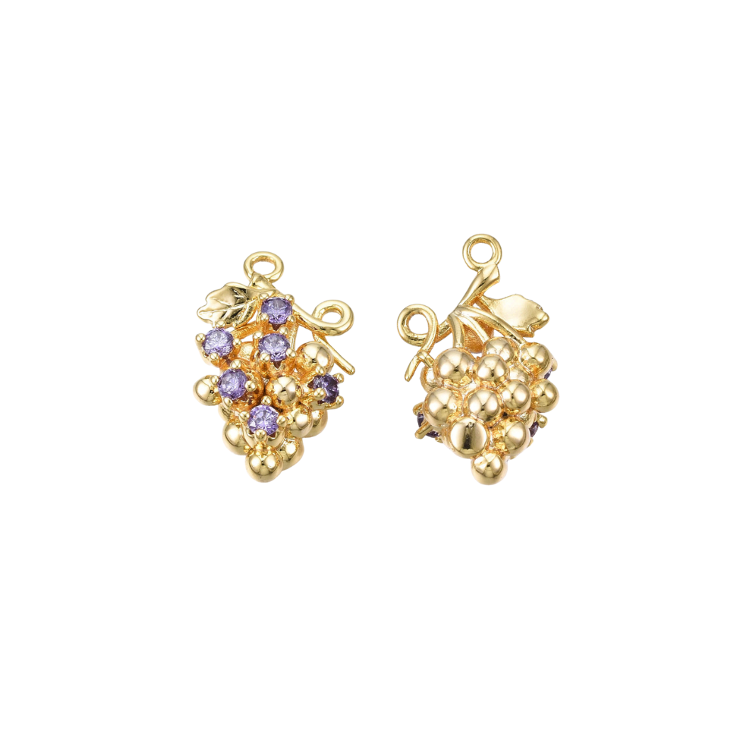 Front and back view of the Gold Grape with Slate Blue Cubic Zirconia Charm