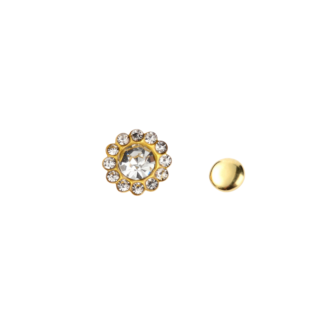 Front view of he Gold Round Cubic Zirconia Rivet | Shoe & Hat Charm