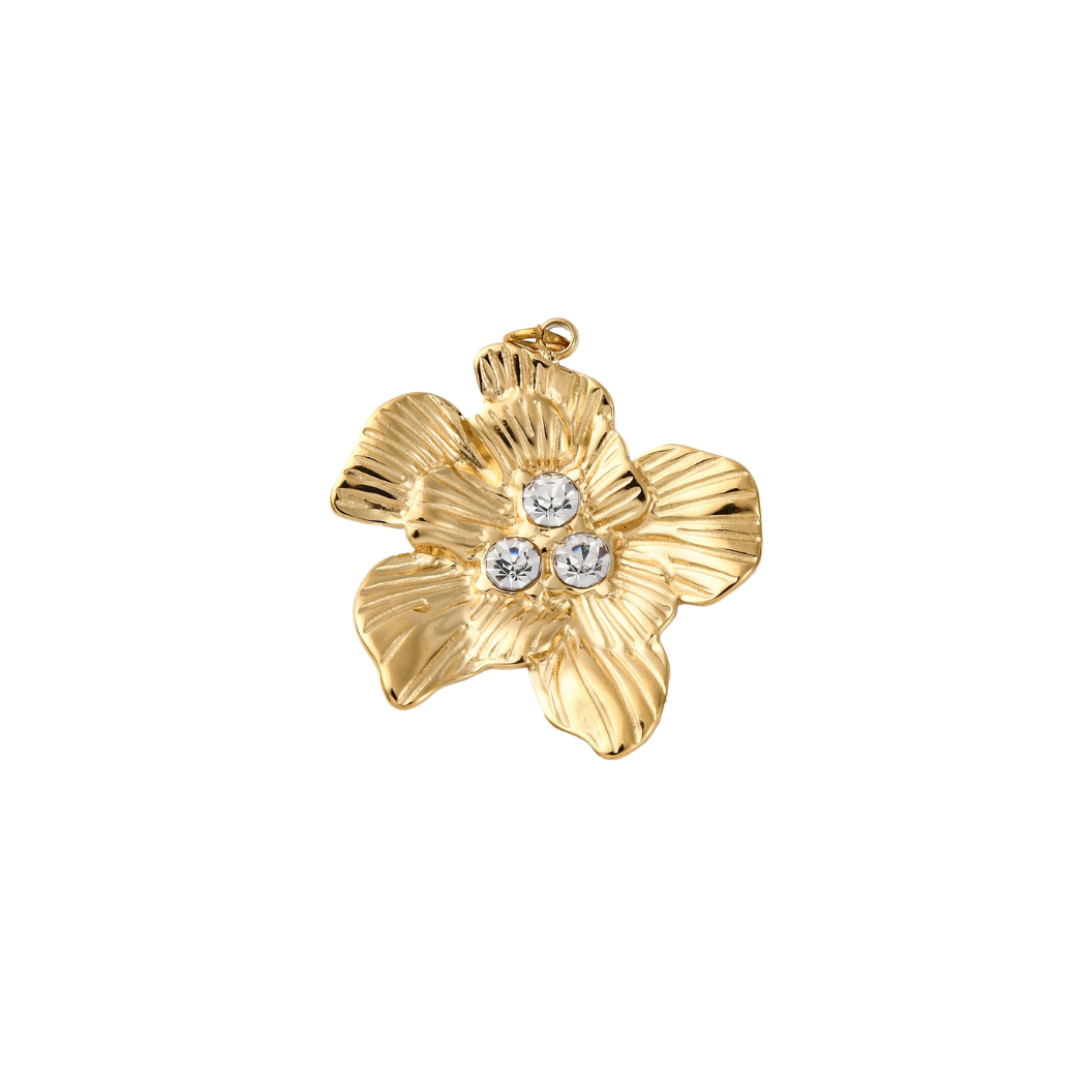 Gold pendant with three clear stones on a white background