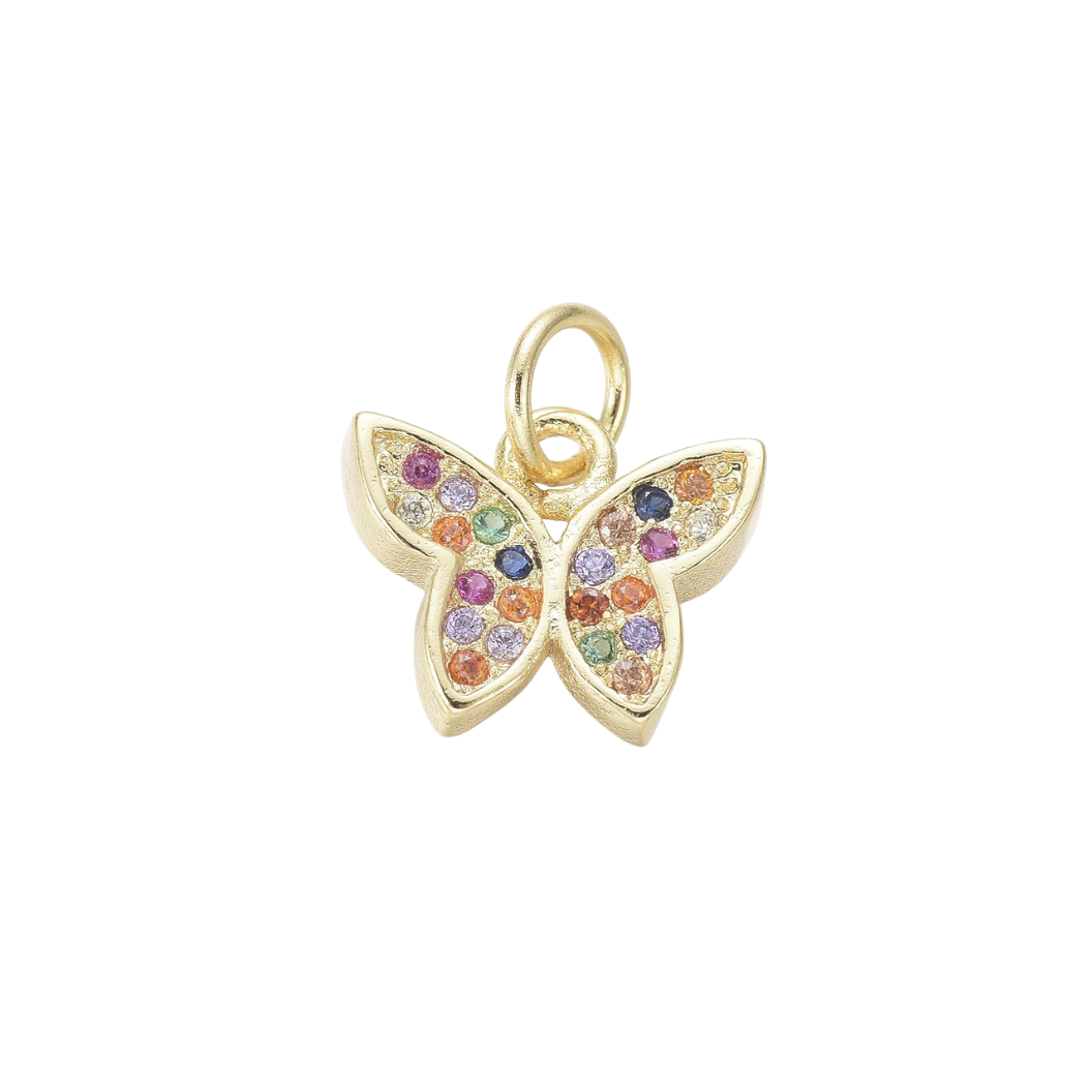 Gold butterfly pendant with colorful gemstones on a white background