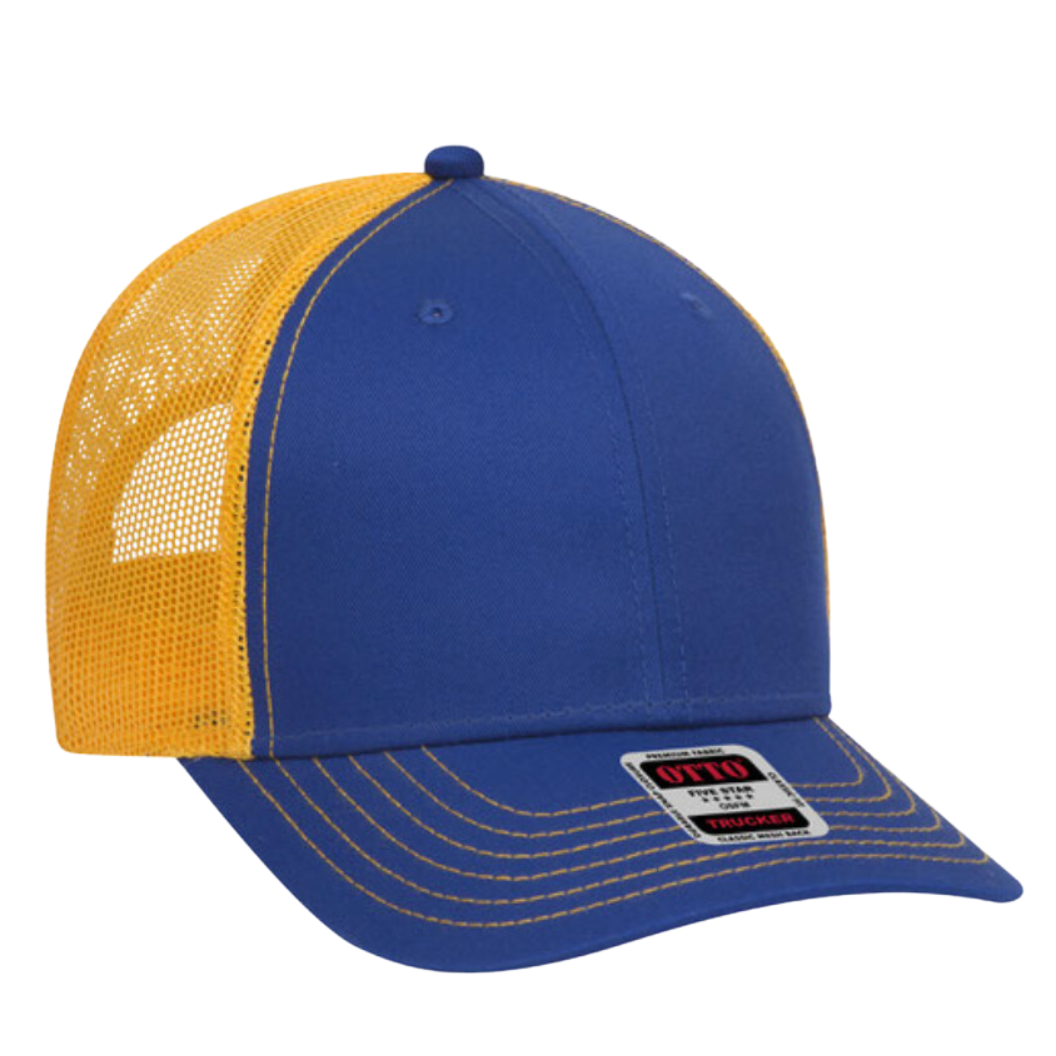 Front view of the Blue and Yellow Trucker Hat