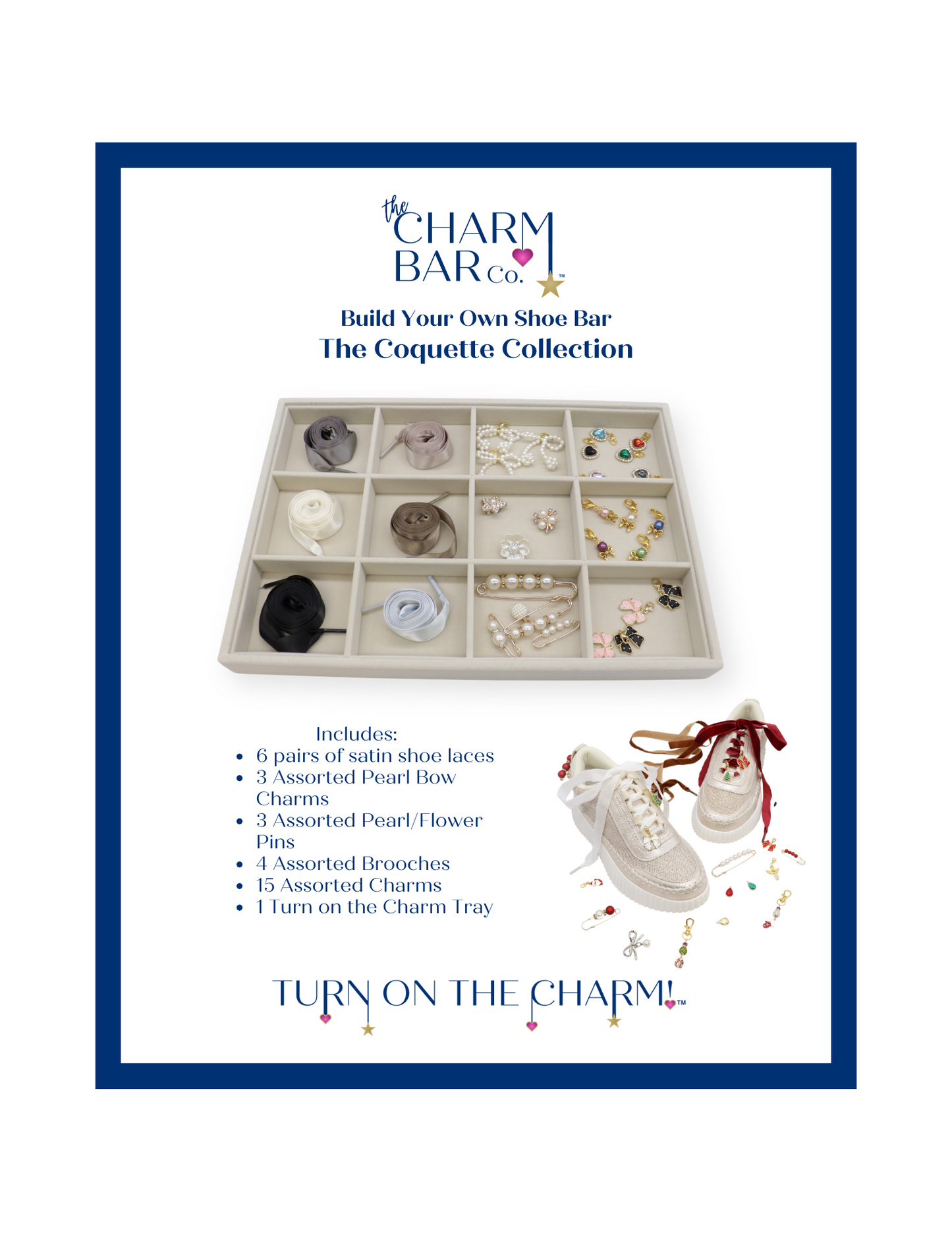 A product image showcasing the Charm Bar Company's Shoe Bar Bundle Coquette Collection, including satin shoe laces, pearl bow charms, pearl/flower pins, brooches, and charms displayed in a compartmentalized tray.