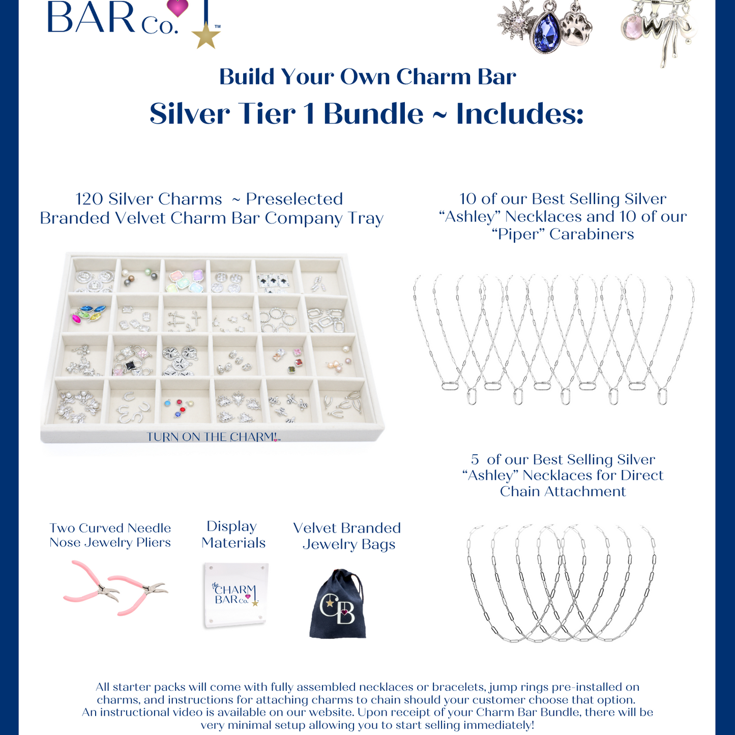 An informational poster for The Charm Bar Company's Silver Tier 1 Bundle, including silver charms, necklaces, carabiners, and branded jewelry bags.