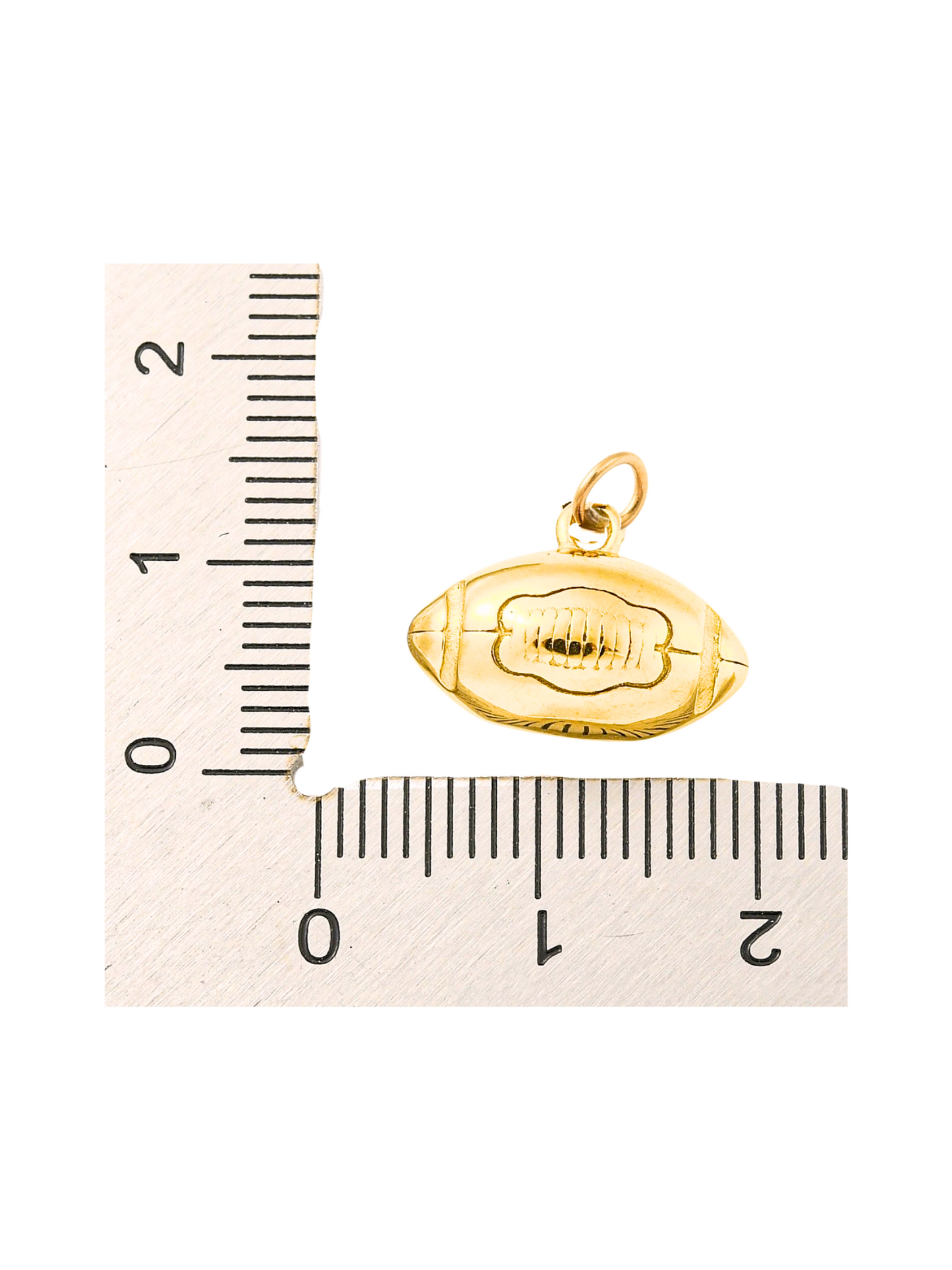 Front of the Gold Engraved Football Charm with a ruler