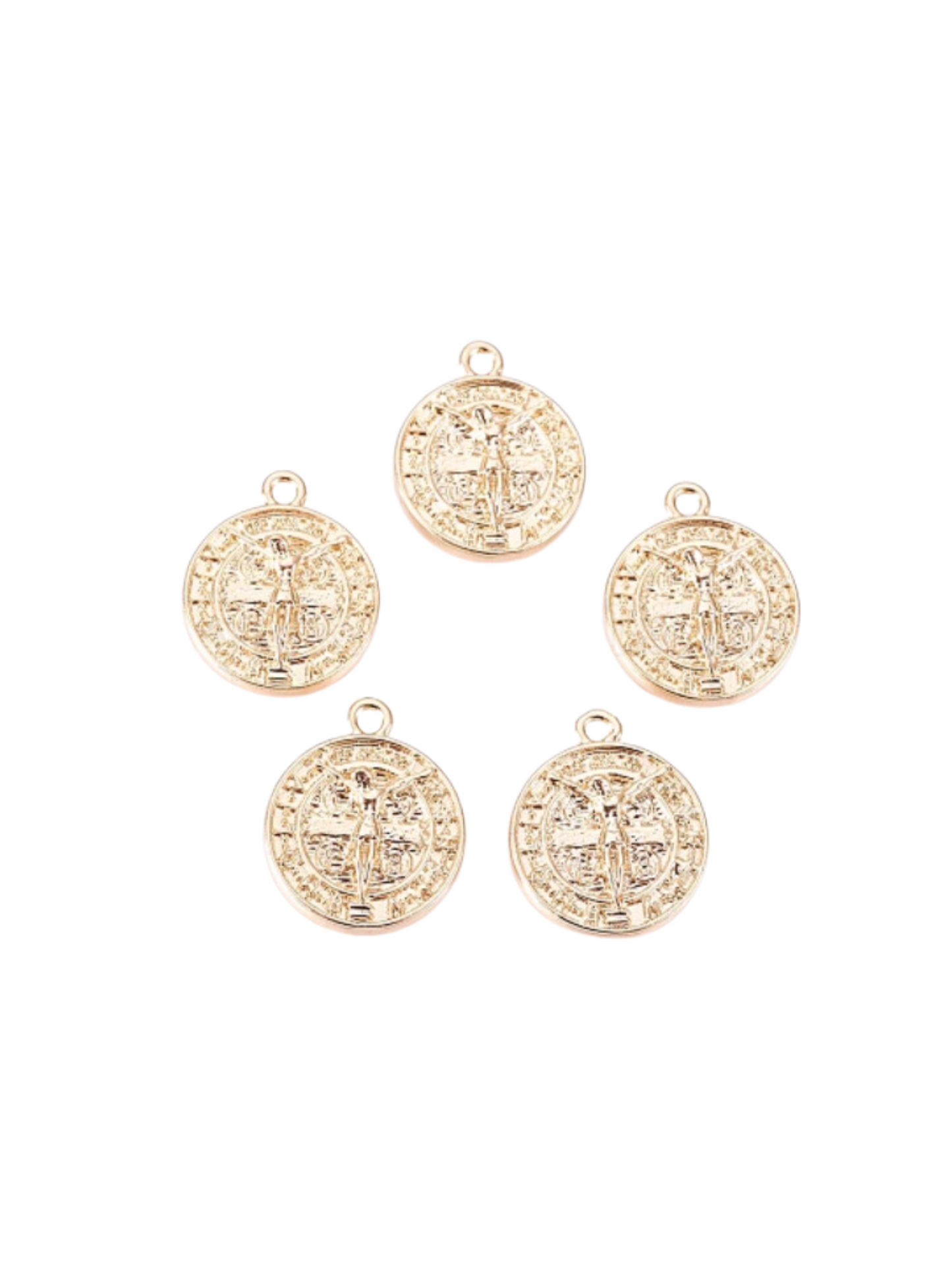 Front of five Gold Jesus on the Cross Charms