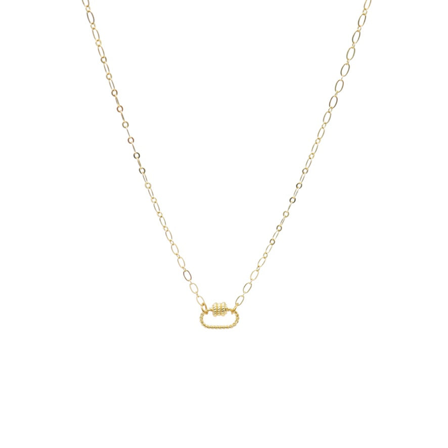 Front view of the Gold Christie Necklace with Small Bella Carabiner