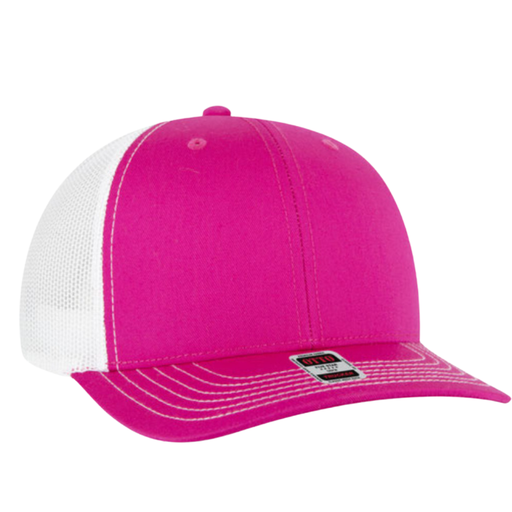 Front view of the Hot Pink and White Trucker Hat