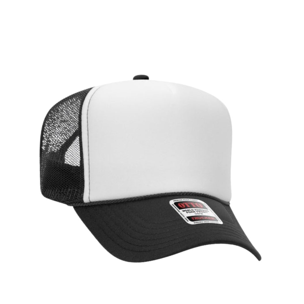 Front view of the Black and White Trucker Hat