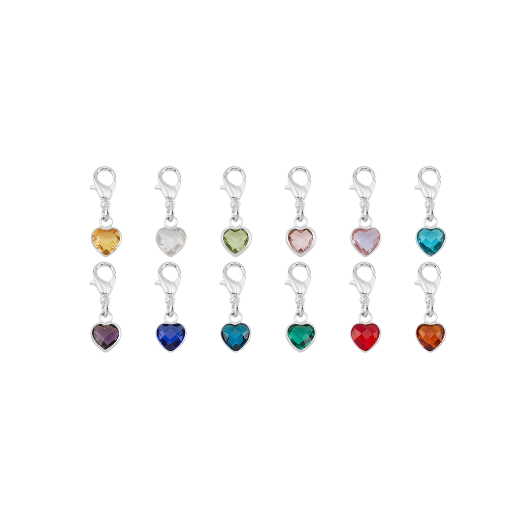 Front view of twelve Silver Heart Birthstone Dangle | Shoe, Purse, & Hat Charm