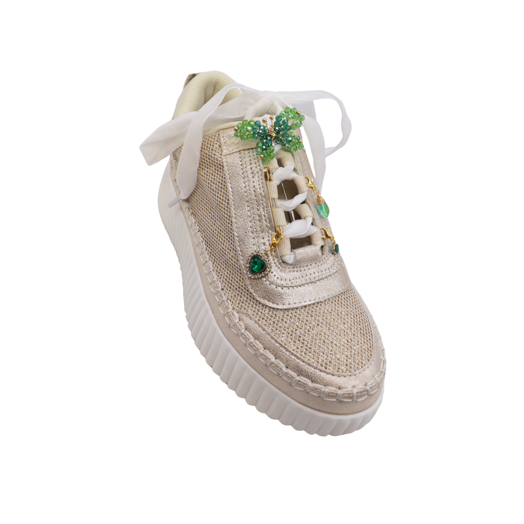 Green Glass Bead Butterfly Lapel Pin | Shoe, Purse, & Hat Charm on a shoe