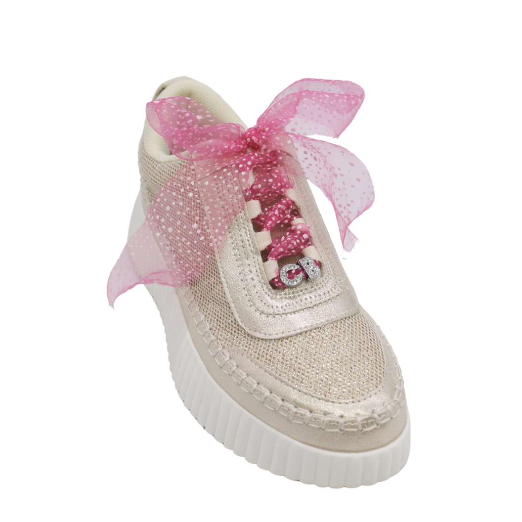 Front view of the Silver Rhinestone Slider Letters | Ribbon Shoe Lace Charms on a shoe