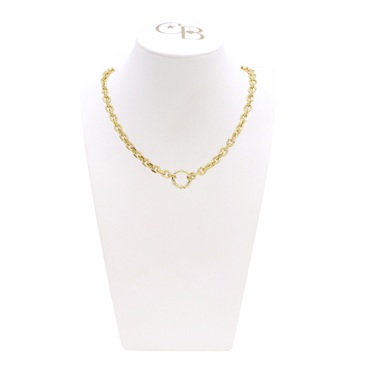 Front view of the Gold Jamesyn Necklace with Lily Carabiner on CB Bust
