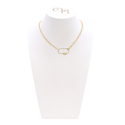Front view of the Gold Ruth Necklace With Bella Carabiner on CB Bust