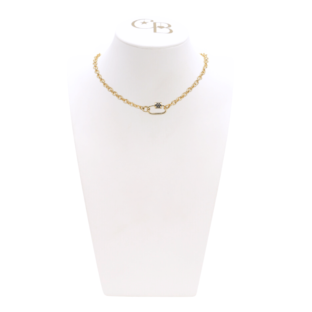 Front view of the Gold Ruth Necklace With Assorted Color Cubic Zirconia Small Gabi Carabiner on CB Bust