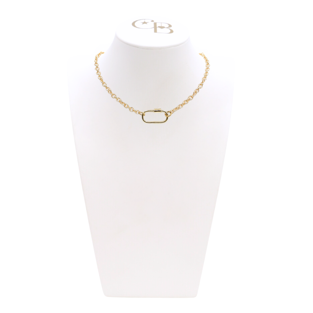 Front view of the Gold Ruth Necklace With Piper Carabiner on CB Bust