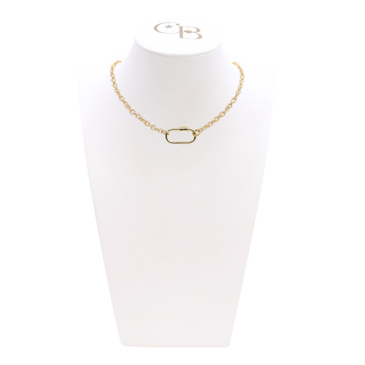 Front view of the Gold Ruth Necklace With Piper Carabiner on CB Bust