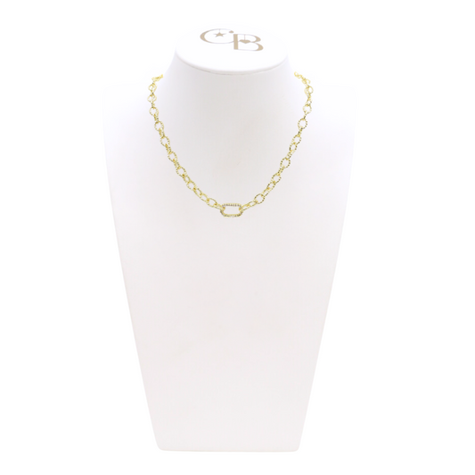 Front view of the Gold Alexis Necklace with Blair Carabiner on CB Bust