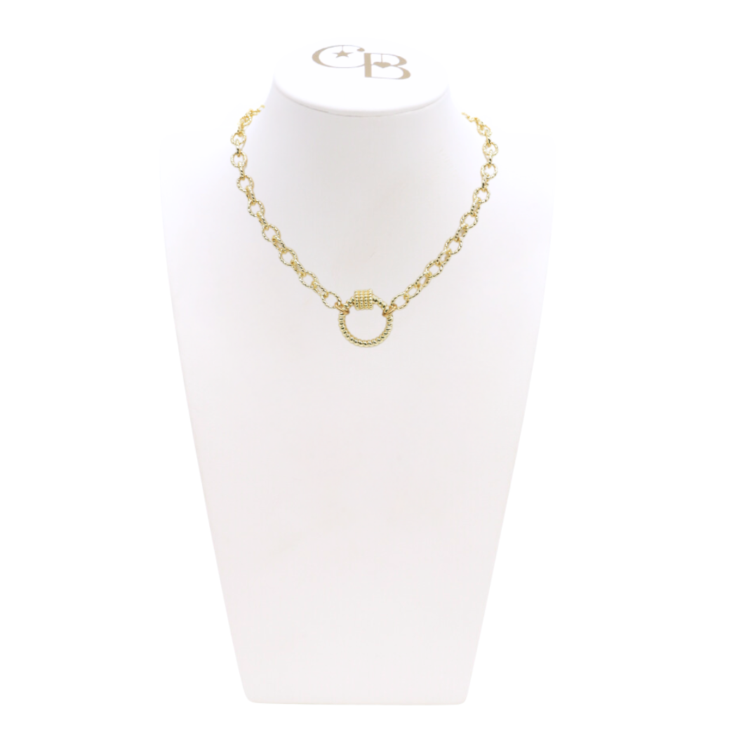 Front view of the Gold Alexis Necklace with Round Bella Carabiner on CB Bust