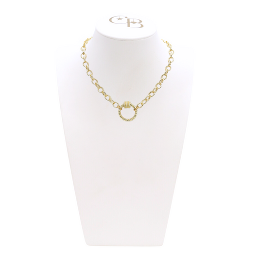 Front view of the Gold Alexis Necklace with Round Bella Carabiner on CB Bust