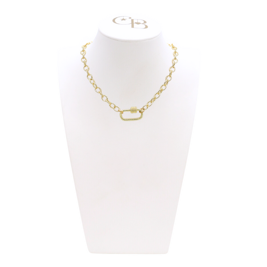 Front view of the Gold Alexis Necklace with Bella Carabiner on CB Bust