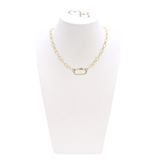 Front view of the Gold Alexis Necklace with Piper Carabiner on CB Bust