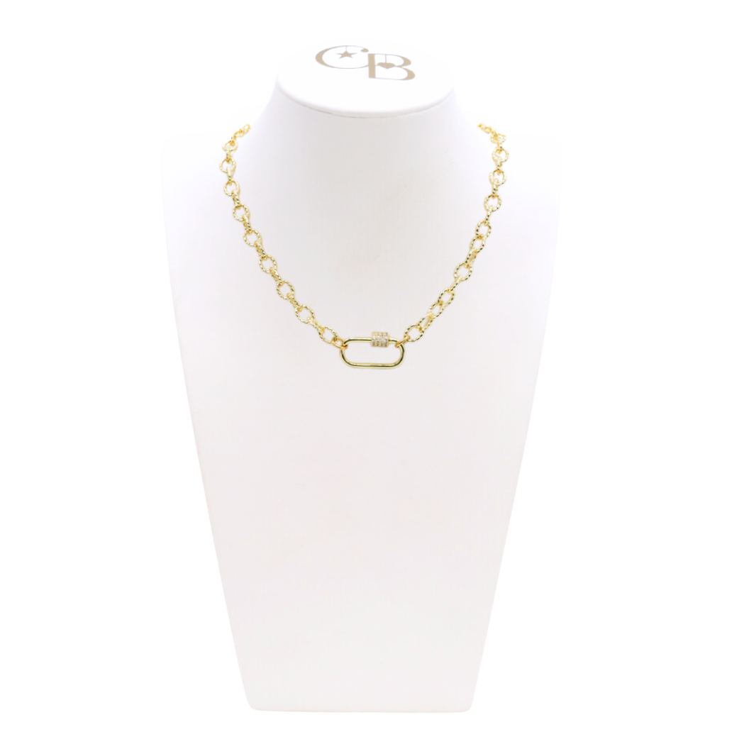Front view of the Gold Alexis Necklace with Large Gabi Carabiner on CB Bust