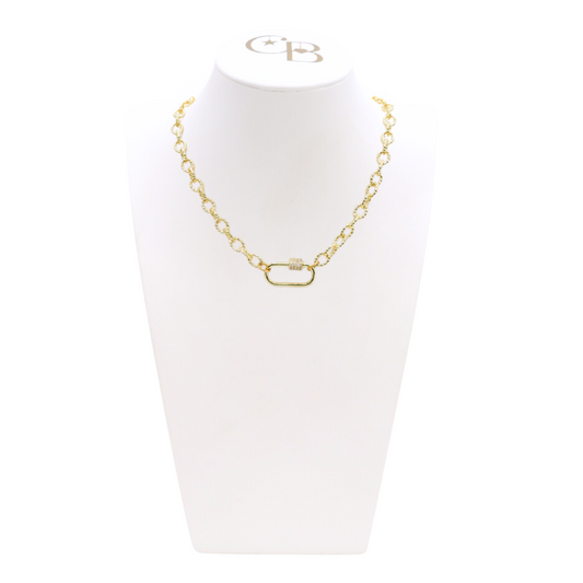 Front view of the Gold Alexis Necklace with Large Gabi Carabiner on CB Bust