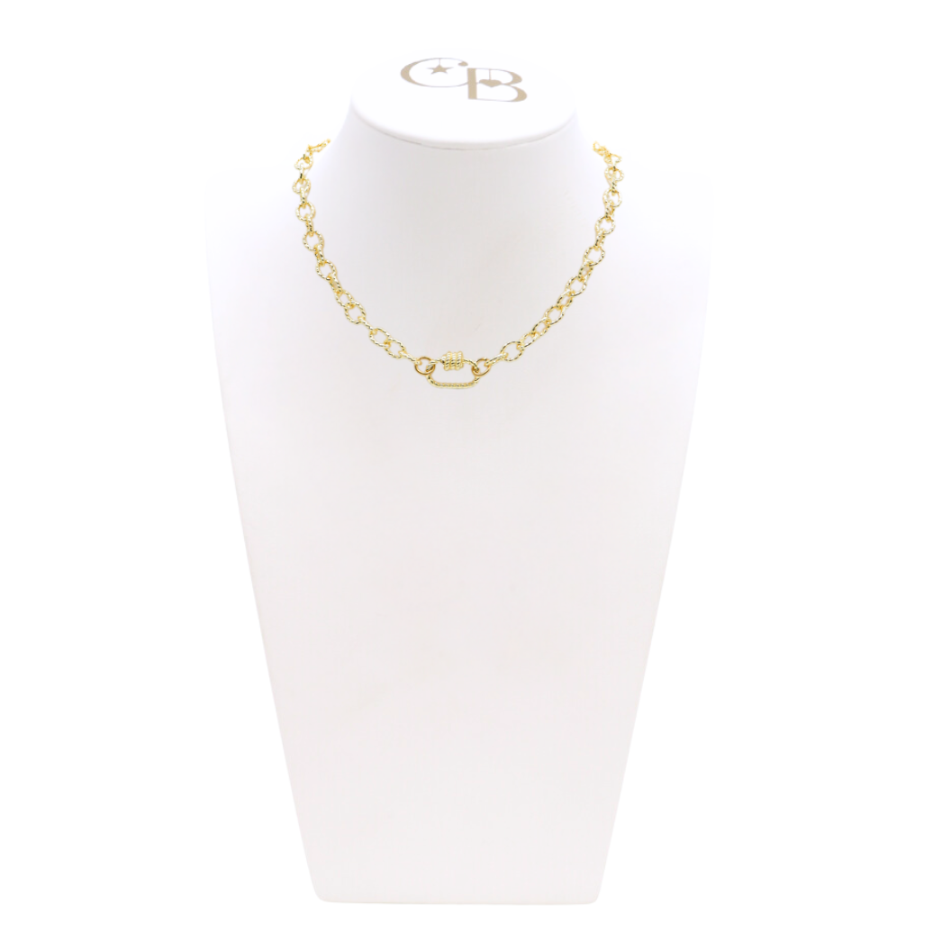 Front view of the Gold Alexis Necklace with Small Bella Carabiner on CB Bust