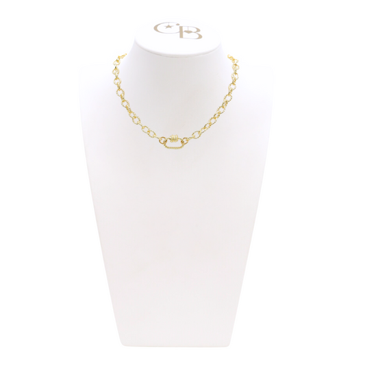 Front view of the Gold Alexis Necklace with Small Bella Carabiner on CB Bust