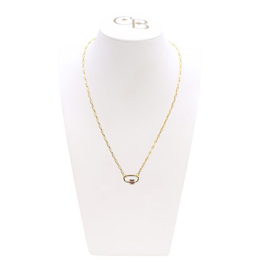 Front view of the Gold Madilyn Necklace with Assorted Color Cubic Zirconia Small Gabi Carabiner on CB Bust