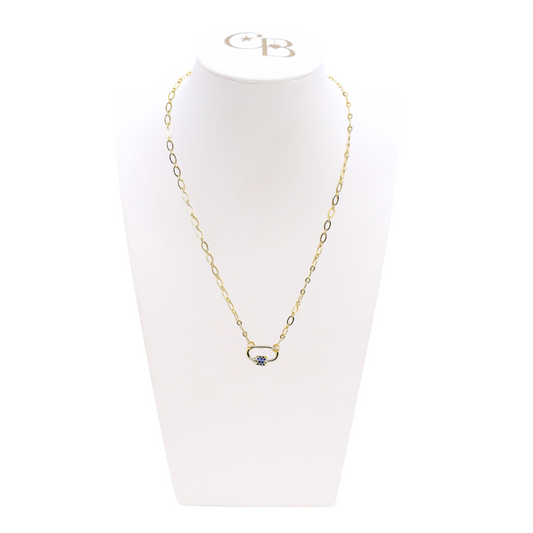 Front view of the Gold Christie Necklace with Assorted Color Cubic Zirconia Small Gabi Carabiner on CB Bust