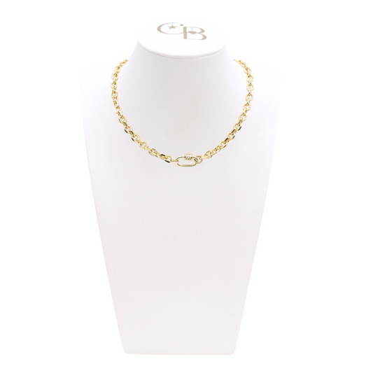 Front view of the Gold Jamesyn Necklace with Assorted Color Cubic Zirconia Small Gabi Carabiner on CB Bust