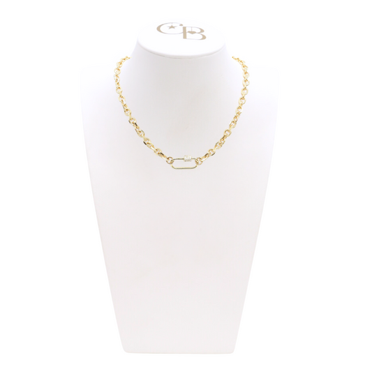 Front view of the Gold Jamesyn Necklace with Large Gabi Carabiner on CB Bust