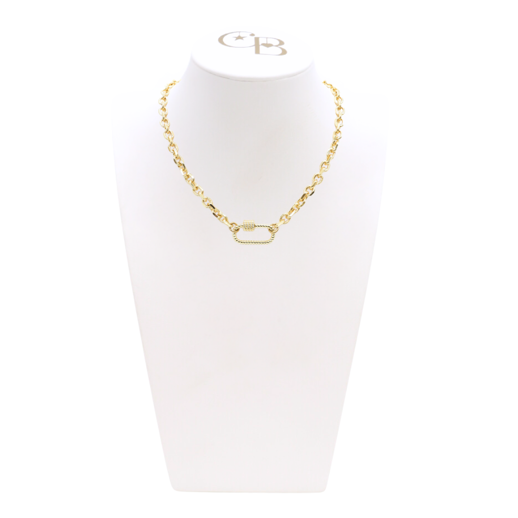 Front view of the Gold Jamesyn Necklace with Bella Carabiner on CB Bust