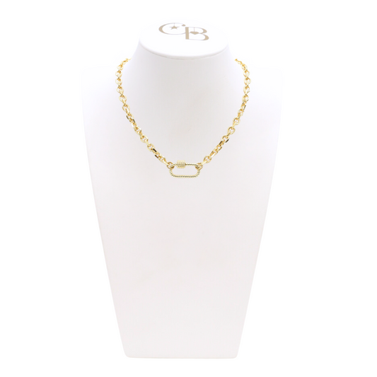 Front view of the Gold Jamesyn Necklace with Bella Carabiner on CB Bust