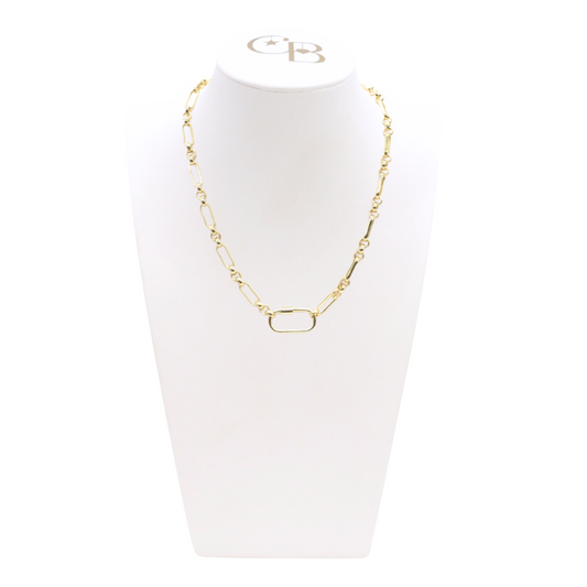 Front view of the Gold Anna Necklace with Piper Carabiner on CB Bust
