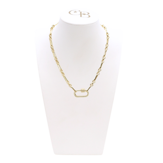 Front view of the Gold Anna Necklace with Bella Carabiner on CB Bust
