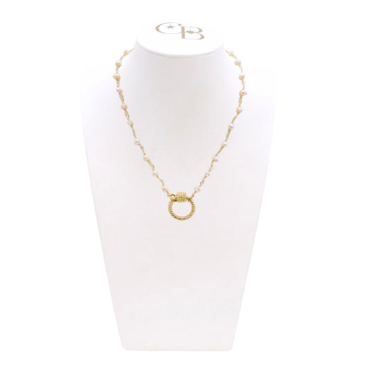 Front view of the Gold Beth Charm Necklace with Round Bella Carabiner on CB Bust