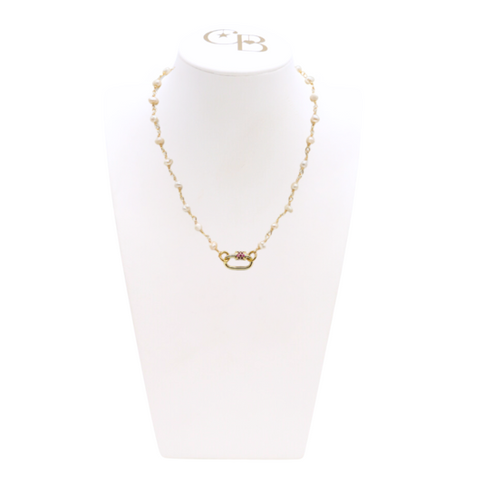 Front view of the Gold Beth Charm Necklace with Assorted Color Cubic Zirconia Small Gabi Carabiner on CB Bust