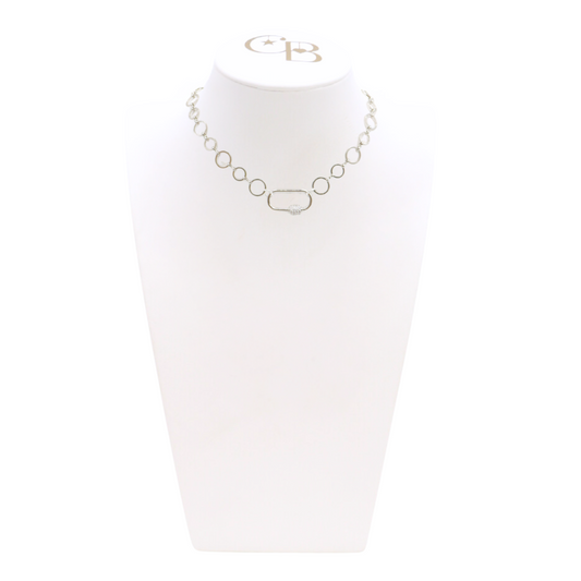 Front view of the Silver Emilia Necklace With Large Gabi Carabiner on CB Bust
