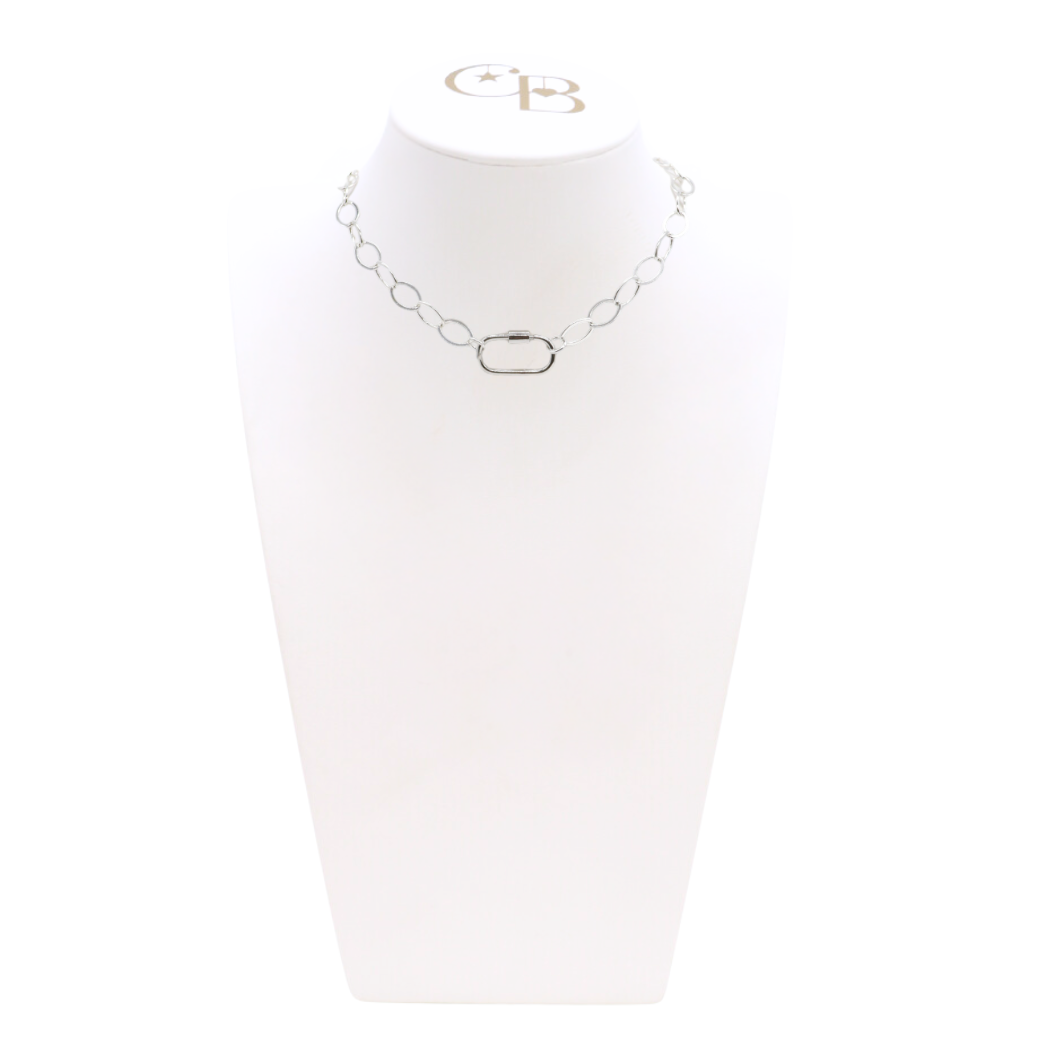 Front view of the Silver Avery Kate Necklace With Piper Carabiner on CB Bust